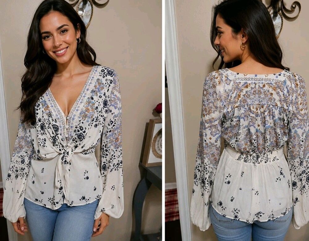 Free People Boho Mixed Floral Blouse Womens Tie Front bell sleeves button Size M